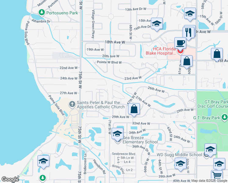 map of restaurants, bars, coffee shops, grocery stores, and more near 6929 Arbor Oaks Circle in Bradenton