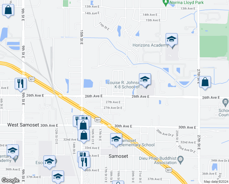 map of restaurants, bars, coffee shops, grocery stores, and more near 1805 25th Avenue East in Bradenton