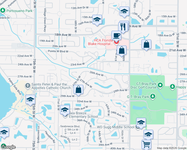map of restaurants, bars, coffee shops, grocery stores, and more near 6318 Heritage Lane in Bradenton