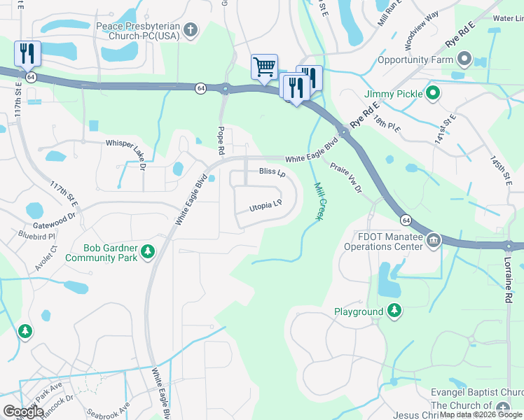 map of restaurants, bars, coffee shops, grocery stores, and more near 13029 Bliss Loop in Bradenton