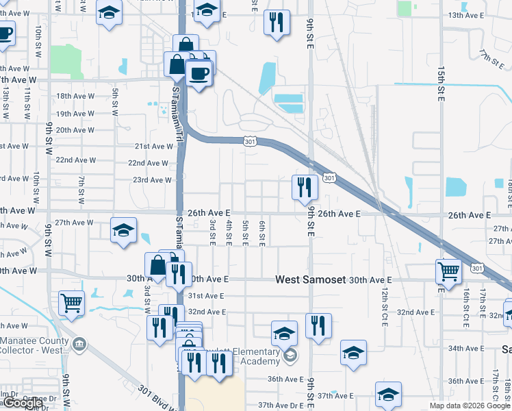 map of restaurants, bars, coffee shops, grocery stores, and more near 507 26th Avenue East in Bradenton