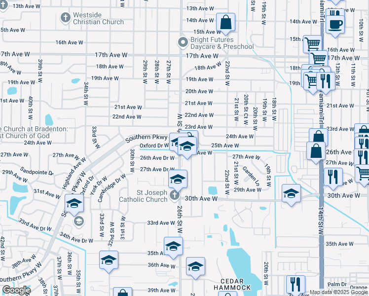 map of restaurants, bars, coffee shops, grocery stores, and more near 2509 26th Avenue West in Bradenton