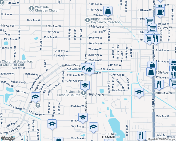 map of restaurants, bars, coffee shops, grocery stores, and more near 2509 26th Avenue West in Bradenton