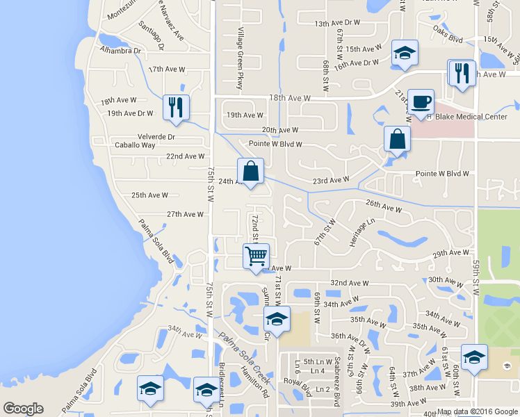 map of restaurants, bars, coffee shops, grocery stores, and more near 7115 27th Avenue Drive West in Bradenton