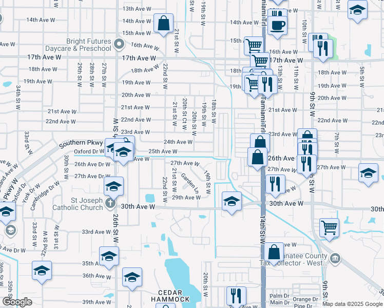map of restaurants, bars, coffee shops, grocery stores, and more near 1912 27th Avenue West in Bradenton