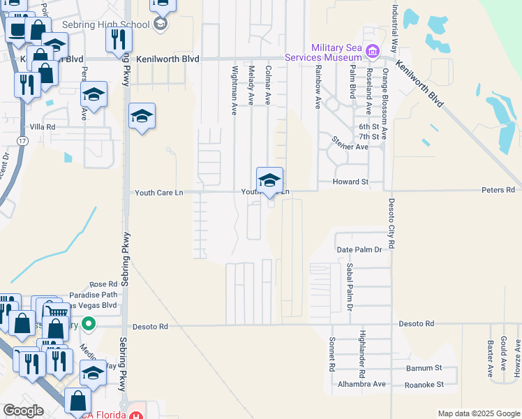 map of restaurants, bars, coffee shops, grocery stores, and more near 2613 Hope Circle in Sebring