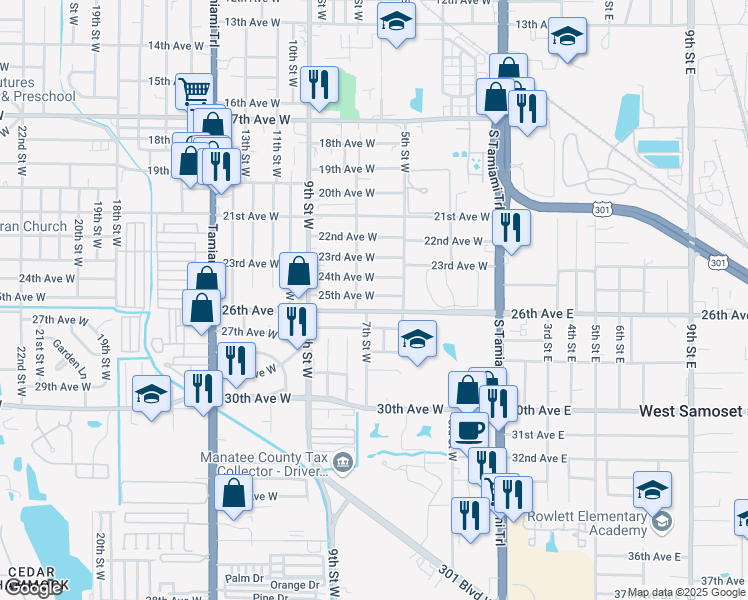 map of restaurants, bars, coffee shops, grocery stores, and more near 609 25th Avenue West in Bradenton