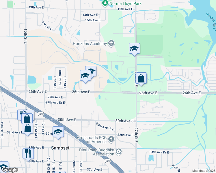 map of restaurants, bars, coffee shops, grocery stores, and more near 2355 26th Avenue East in Bradenton