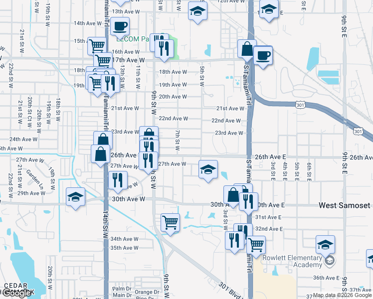 map of restaurants, bars, coffee shops, grocery stores, and more near 609 25th Avenue West in Bradenton