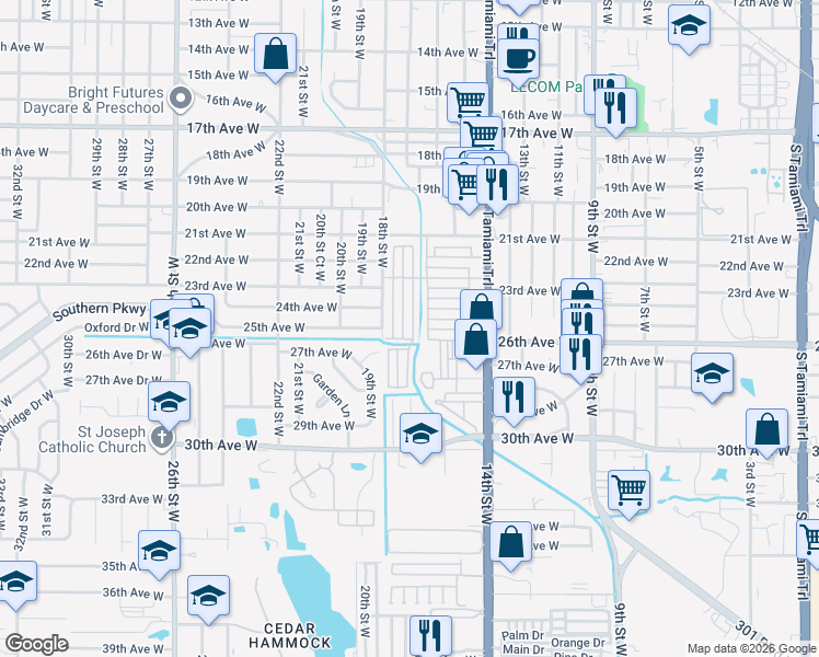 map of restaurants, bars, coffee shops, grocery stores, and more near 2512 16th Street Court West in Bradenton
