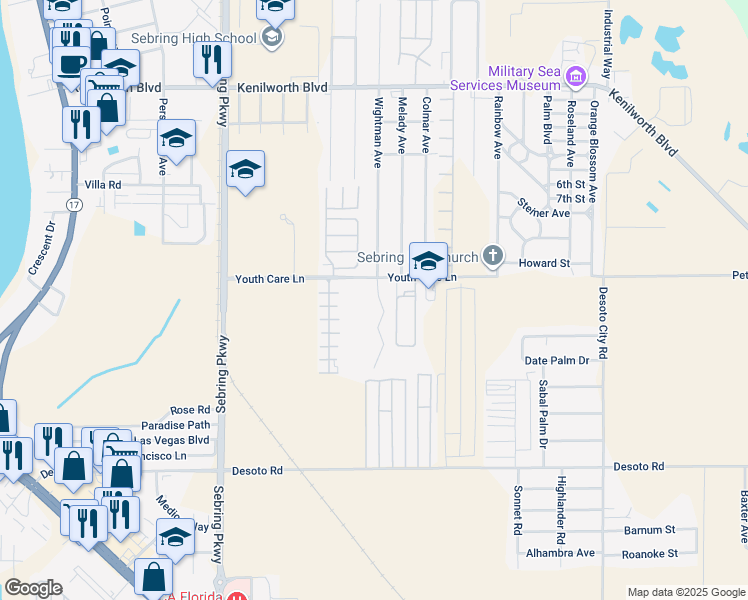 map of restaurants, bars, coffee shops, grocery stores, and more near 3819 Youth Care Lane in Sebring