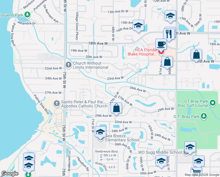 map of restaurants, bars, coffee shops, grocery stores, and more near 6814 Arbor Oaks Circle in Bradenton