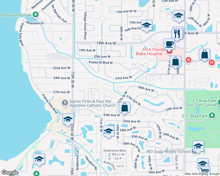 map of restaurants, bars, coffee shops, grocery stores, and more near 6912 Arbor Oaks Court in Bradenton