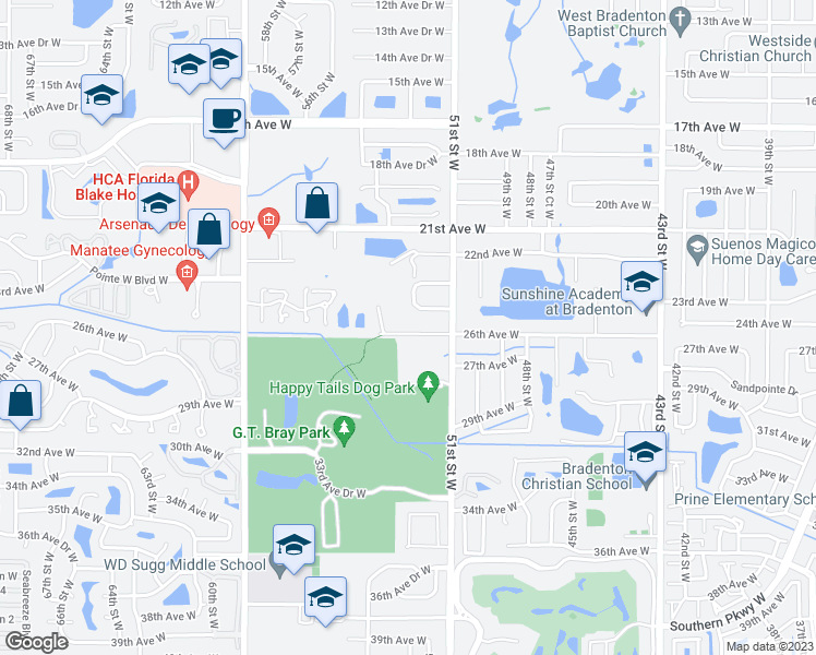 map of restaurants, bars, coffee shops, grocery stores, and more near 5216 26th Avenue West in Bradenton