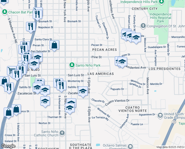 map of restaurants, bars, coffee shops, grocery stores, and more near 2101 South Ejido Avenue in Laredo