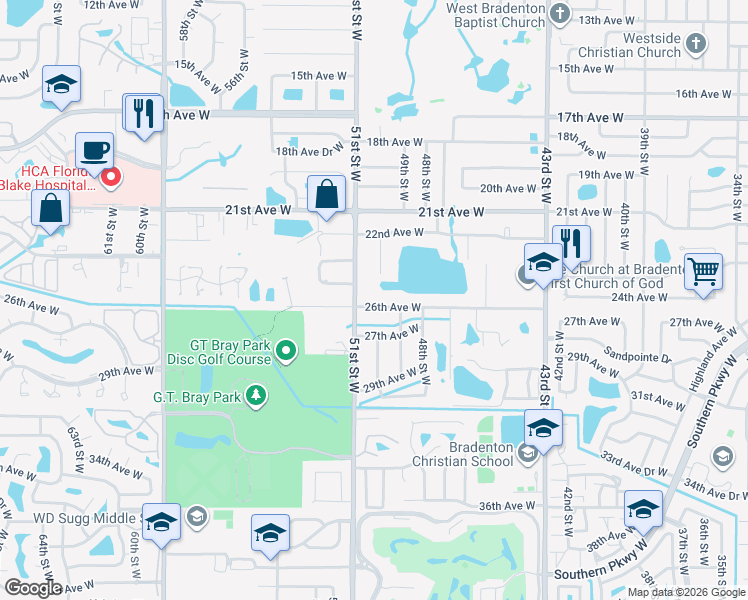 map of restaurants, bars, coffee shops, grocery stores, and more near 5004 26th Avenue West in Bradenton