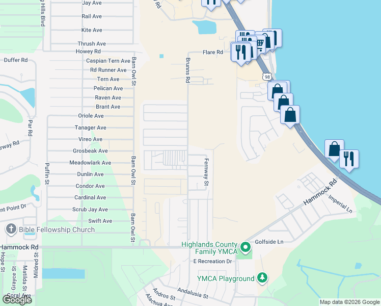 map of restaurants, bars, coffee shops, grocery stores, and more near 1940 Brunns Rd in Sebring