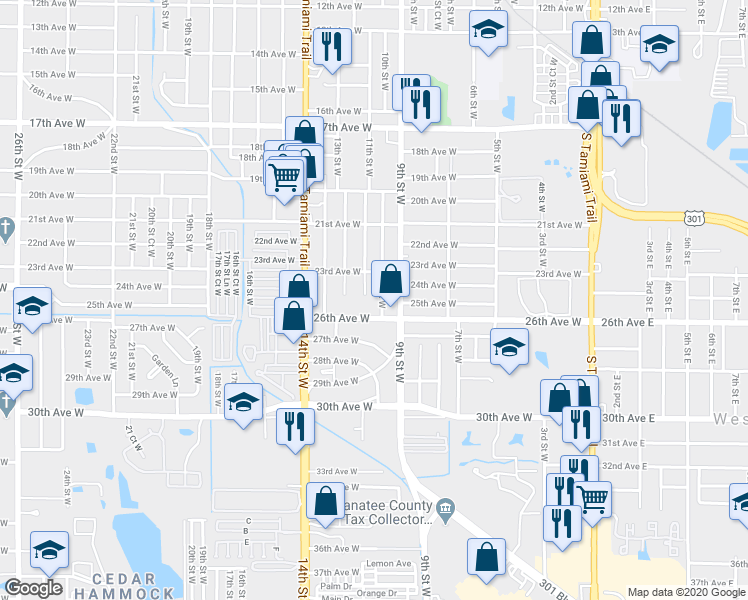 map of restaurants, bars, coffee shops, grocery stores, and more near 2405 10th Street West in Bradenton