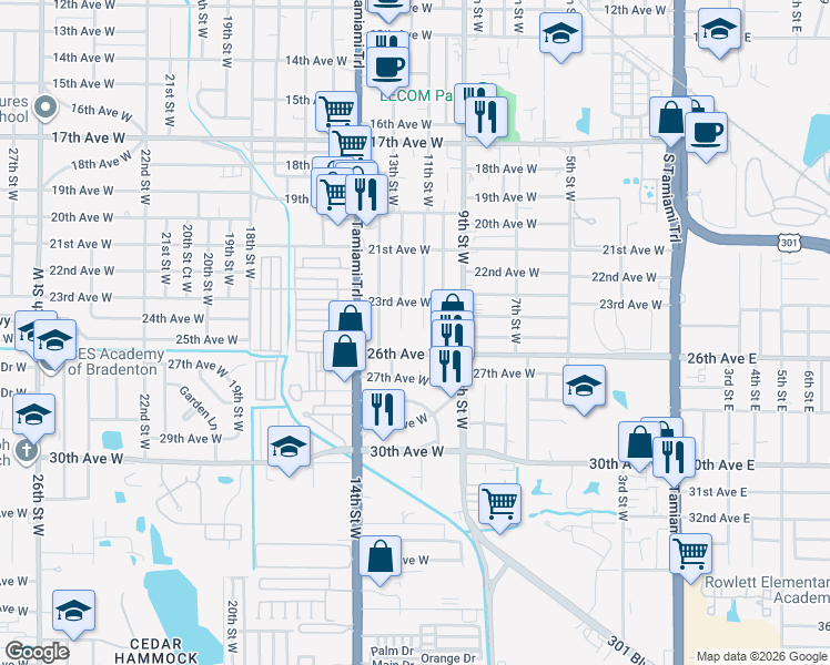 map of restaurants, bars, coffee shops, grocery stores, and more near 2403 12th Street West in Bradenton