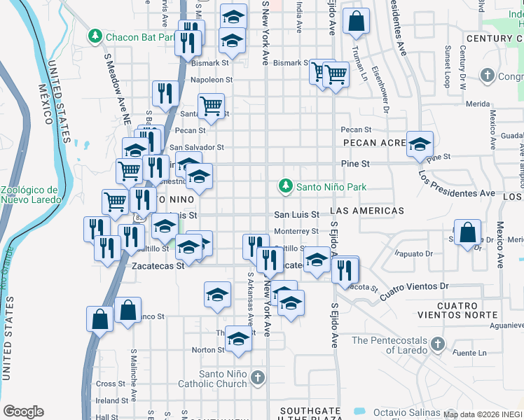 map of restaurants, bars, coffee shops, grocery stores, and more near 2819 Vicente Street in Laredo
