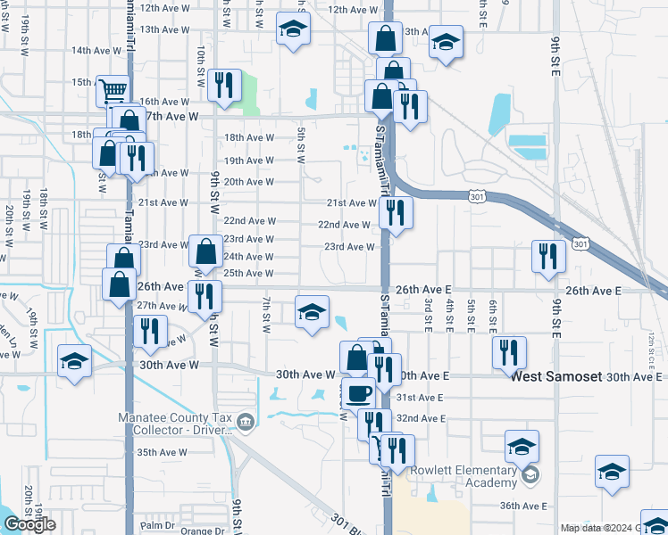 map of restaurants, bars, coffee shops, grocery stores, and more near 314 23rd Avenue West in Bradenton