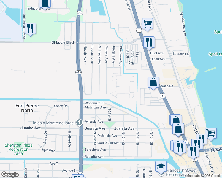 map of restaurants, bars, coffee shops, grocery stores, and more near 2500 Seneca Avenue in Fort Pierce