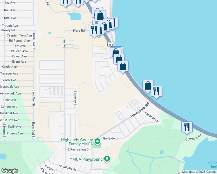 map of restaurants, bars, coffee shops, grocery stores, and more near 2299 Bahama Road in Sebring