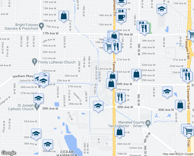 map of restaurants, bars, coffee shops, grocery stores, and more near 2415 16th Street Court West in Bradenton