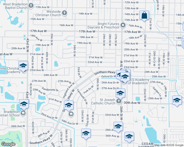 map of restaurants, bars, coffee shops, grocery stores, and more near 3101 Highland Avenue West in Bradenton