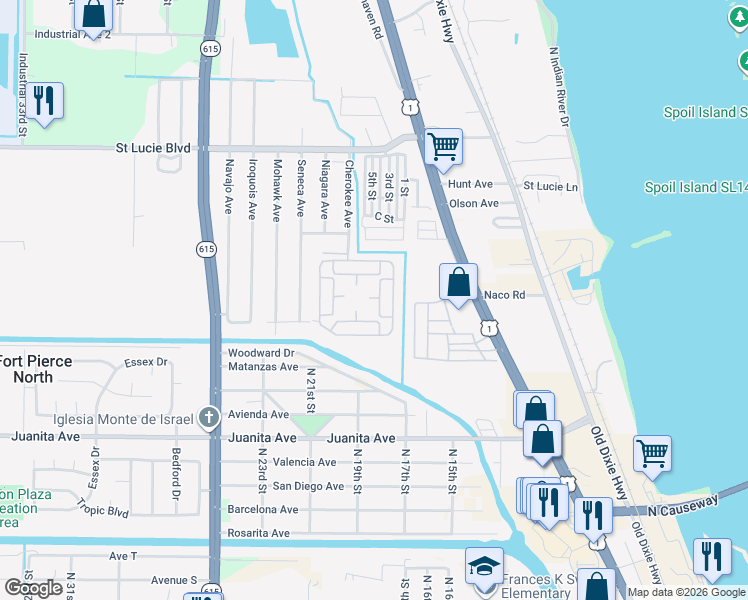 map of restaurants, bars, coffee shops, grocery stores, and more near 314 South Erie Drive in Fort Pierce