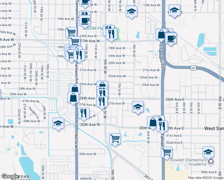 map of restaurants, bars, coffee shops, grocery stores, and more near 807 24th Avenue West in Bradenton