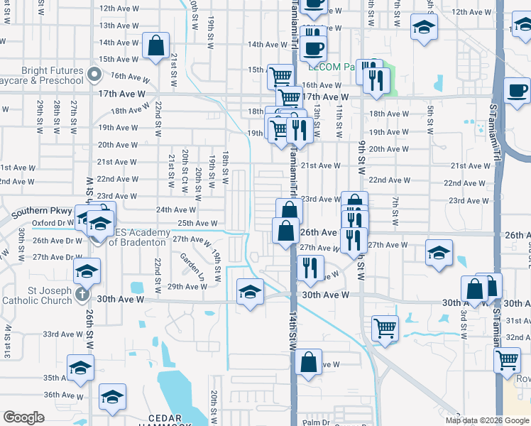 map of restaurants, bars, coffee shops, grocery stores, and more near 1415 24th Avenue West in Bradenton