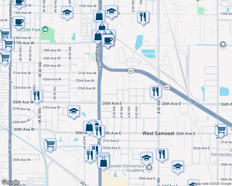 map of restaurants, bars, coffee shops, grocery stores, and more near 310 24th Avenue East in Bradenton