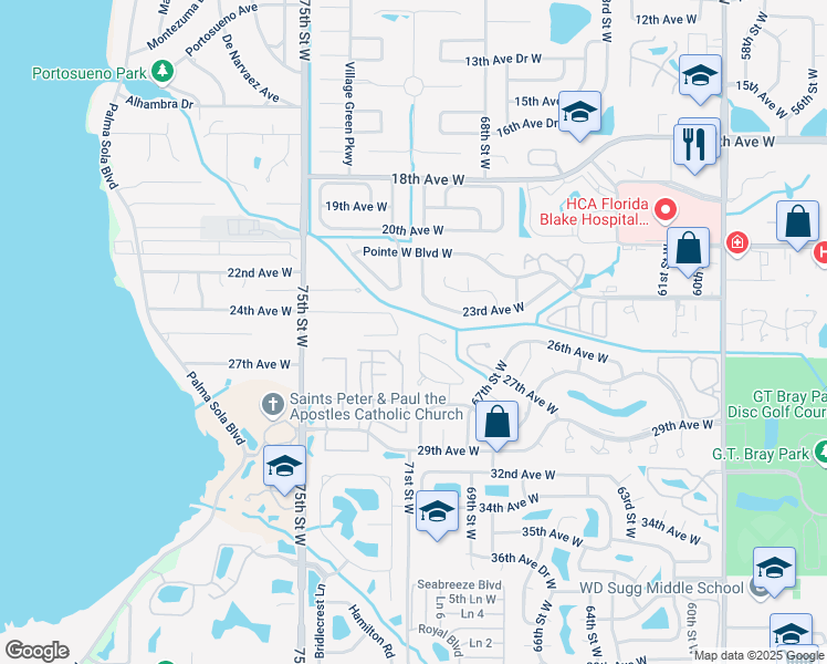 map of restaurants, bars, coffee shops, grocery stores, and more near 6912 Arbor Oaks Court in Bradenton