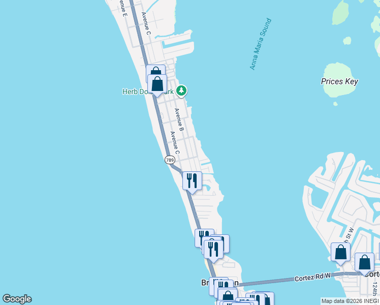map of restaurants, bars, coffee shops, grocery stores, and more near in Bradenton Beach
