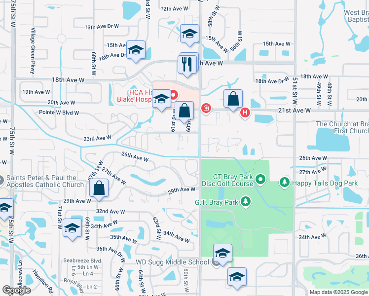 map of restaurants, bars, coffee shops, grocery stores, and more near 2401 60th Street Court West in Bradenton