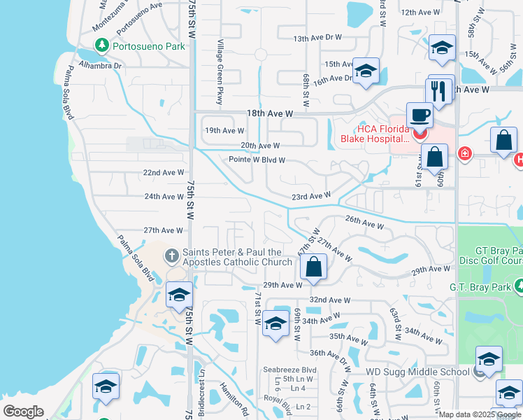 map of restaurants, bars, coffee shops, grocery stores, and more near 6912 Arbor Oaks Court in Bradenton