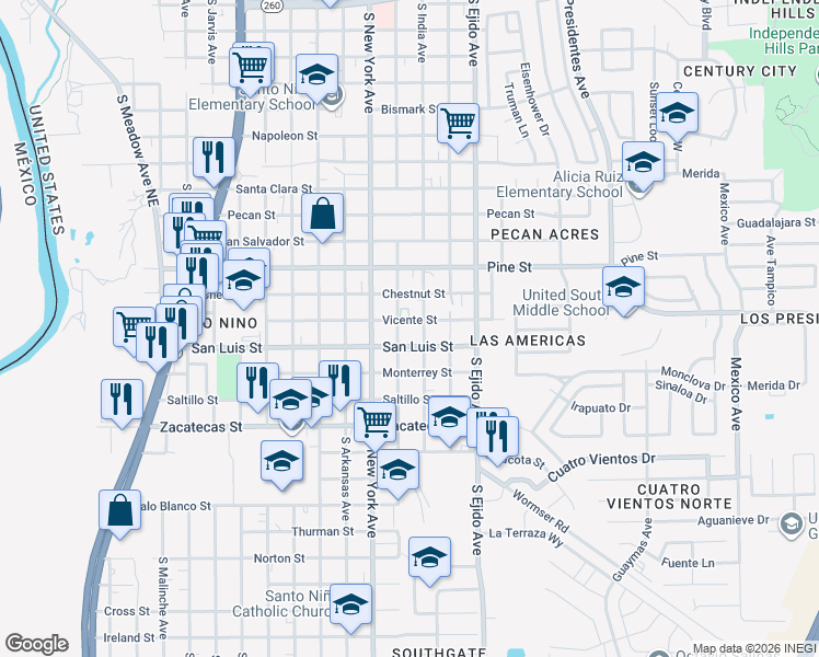 map of restaurants, bars, coffee shops, grocery stores, and more near 3005 Vicente Street in Laredo