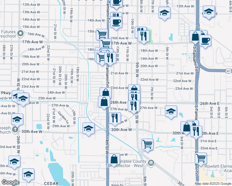 map of restaurants, bars, coffee shops, grocery stores, and more near 2403 12th Street West in Bradenton