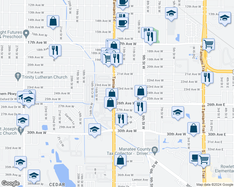 map of restaurants, bars, coffee shops, grocery stores, and more near 2411 Tamiami Trail in Bradenton