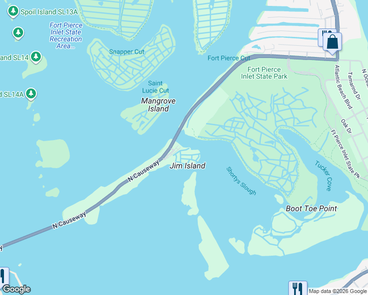 map of restaurants, bars, coffee shops, grocery stores, and more near Shorewinds Drive in Fort Pierce