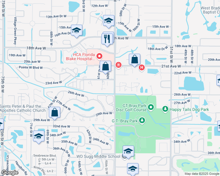 map of restaurants, bars, coffee shops, grocery stores, and more near 2401 60th Street Court West in Bradenton