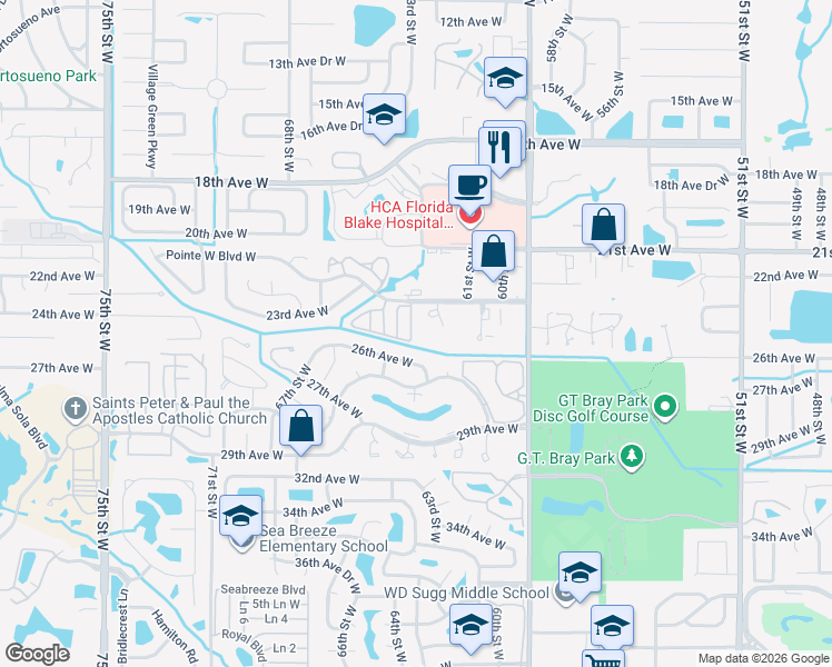 map of restaurants, bars, coffee shops, grocery stores, and more near 2407 63rd Street West in Bradenton