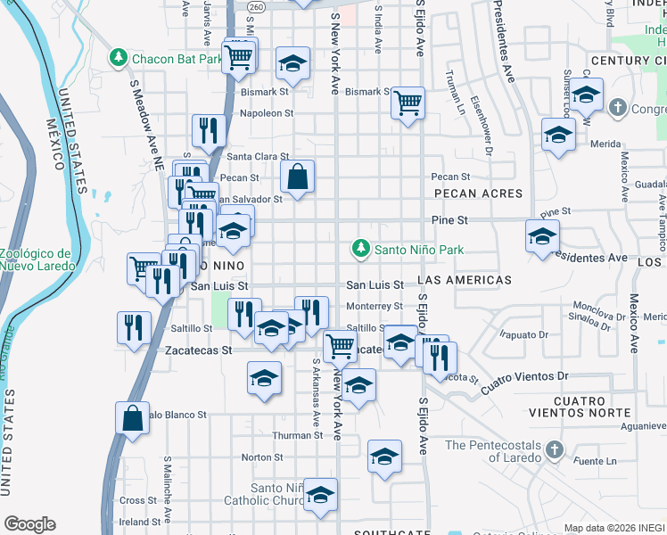 map of restaurants, bars, coffee shops, grocery stores, and more near 2819 Vicente Street in Laredo