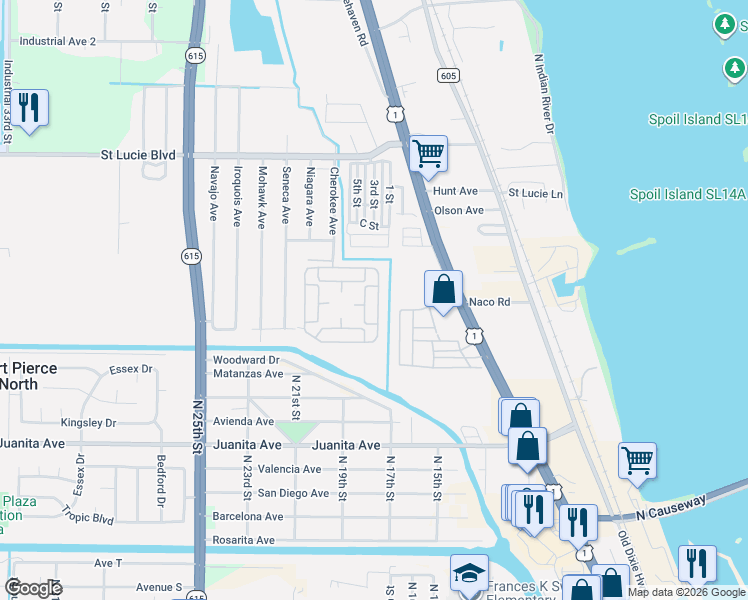 map of restaurants, bars, coffee shops, grocery stores, and more near 199-101 Yuma Way in Fort Pierce