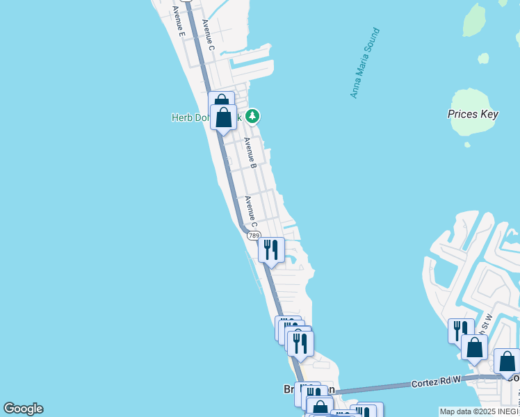 map of restaurants, bars, coffee shops, grocery stores, and more near 2208 Avenue B in Bradenton Beach