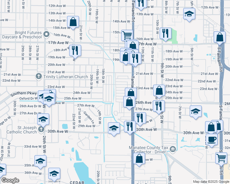 map of restaurants, bars, coffee shops, grocery stores, and more near 2402 16th Street West in Bradenton