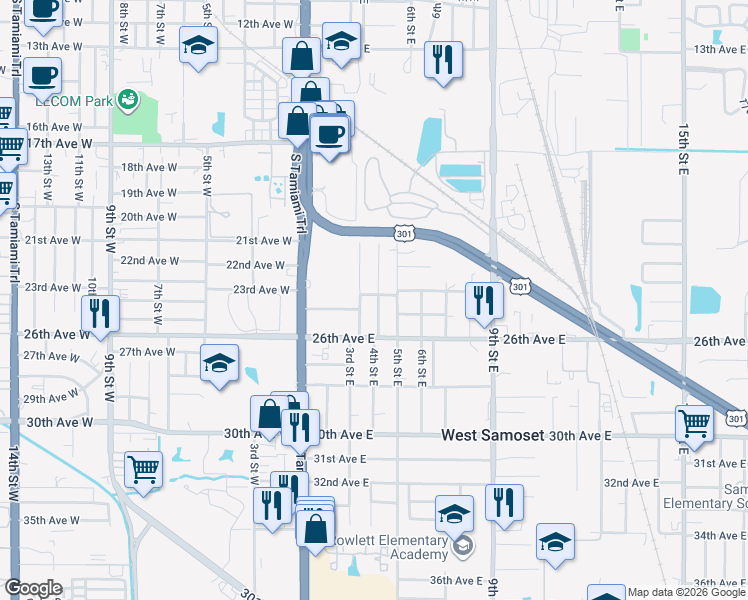 map of restaurants, bars, coffee shops, grocery stores, and more near 310 24th Avenue East in Bradenton