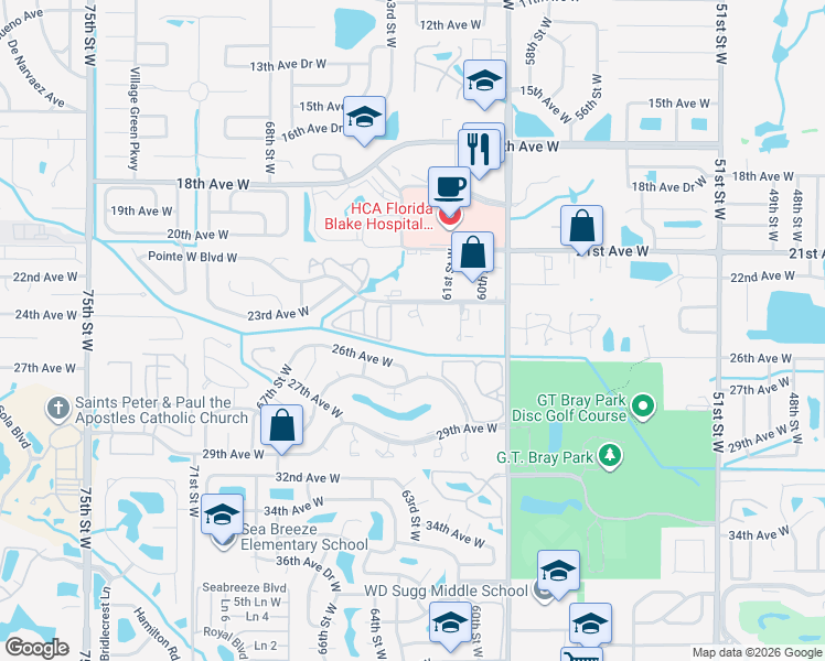 map of restaurants, bars, coffee shops, grocery stores, and more near 6101 Pointe West Boulevard West in Bradenton