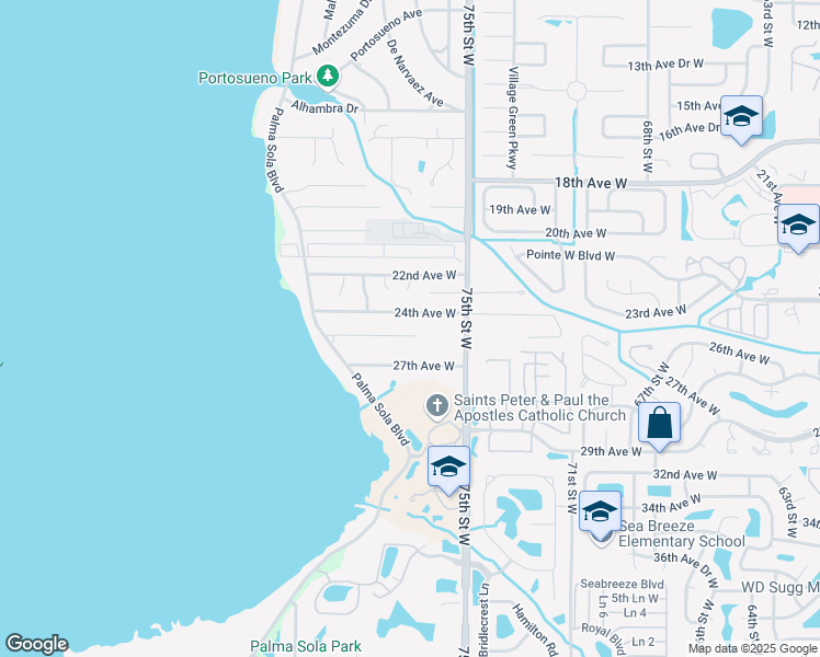 map of restaurants, bars, coffee shops, grocery stores, and more near 7708 25th Avenue West in Bradenton